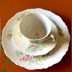 Antique Johnson Bros, England, 9” luncheon plate, cup & saucer, pattern JB929.
